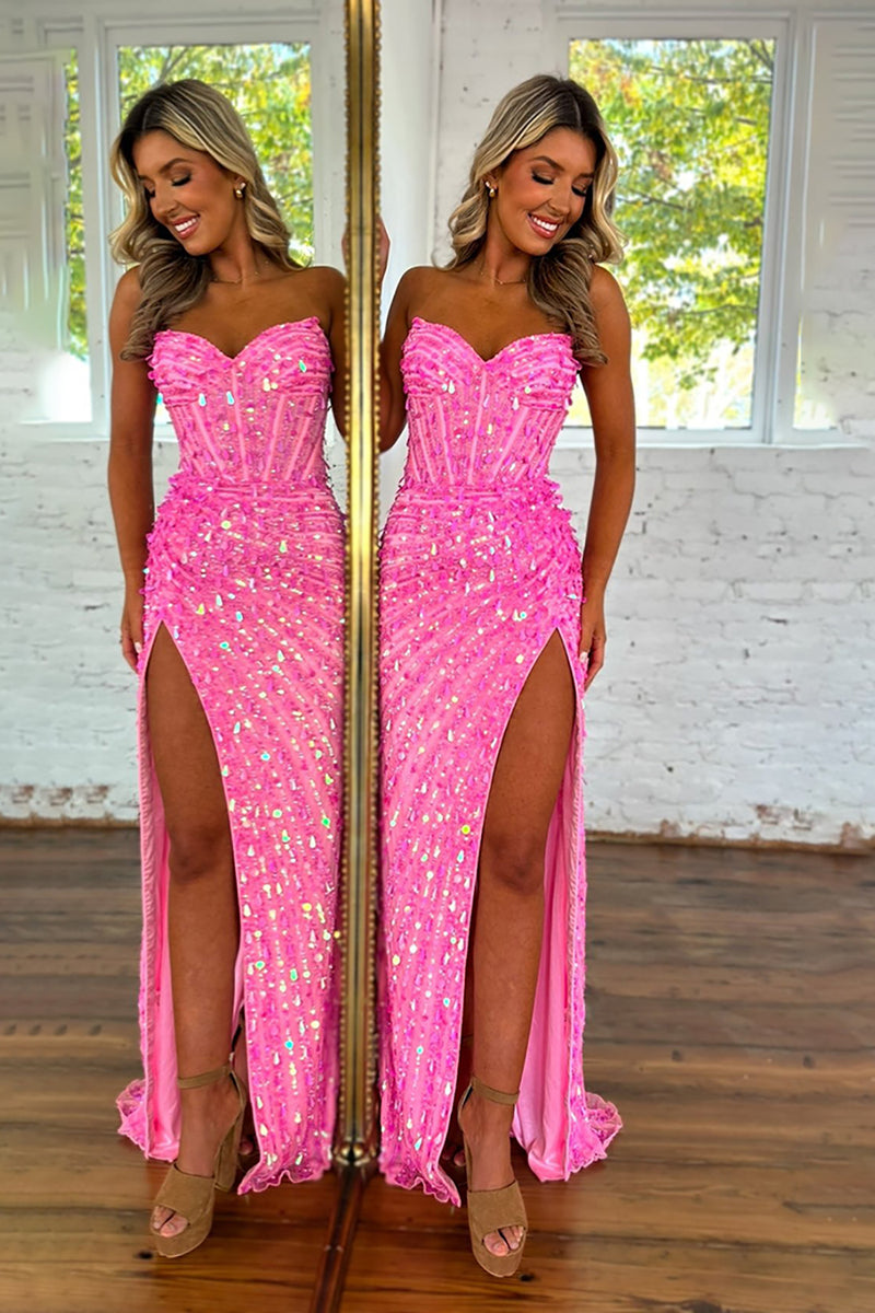 Load image into Gallery viewer, Sparkly Red Sequins Strapless Sheath Long Prom Dress with Slit