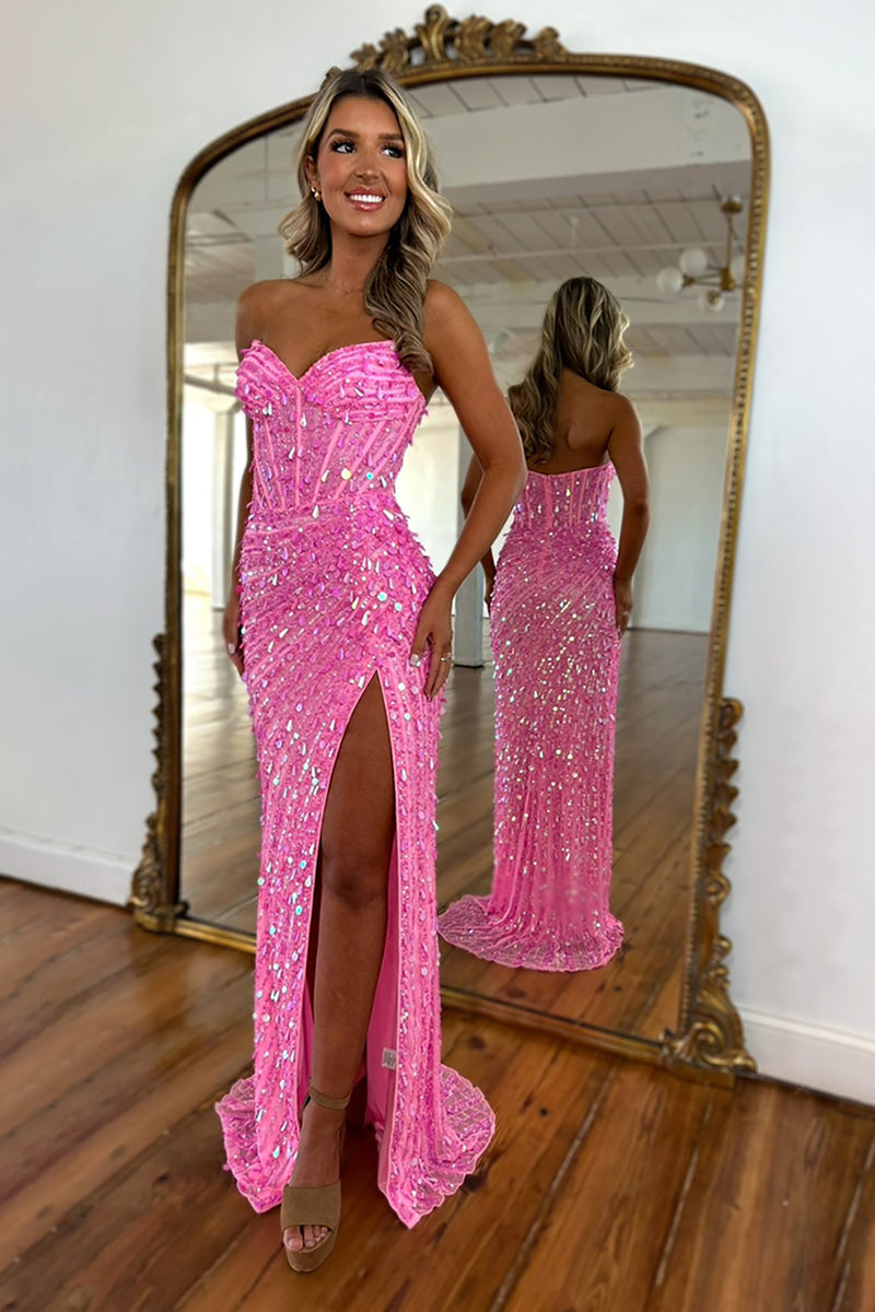 Load image into Gallery viewer, Sparkly Red Sequins Strapless Sheath Long Prom Dress with Slit