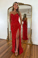 Load image into Gallery viewer, Sparkly Red Sequins Strapless Sheath Long Prom Dress with Slit