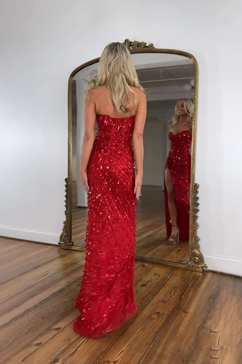 Load image into Gallery viewer, Sparkly Red Sequins Strapless Sheath Long Prom Dress with Slit