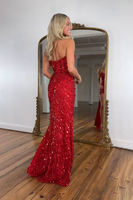 Load image into Gallery viewer, Sparkly Red Sequins Strapless Sheath Long Prom Dress with Slit