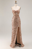 Load image into Gallery viewer, Sparkly Champagne Beaded Sequins Long Prom Corset Dress with Slit