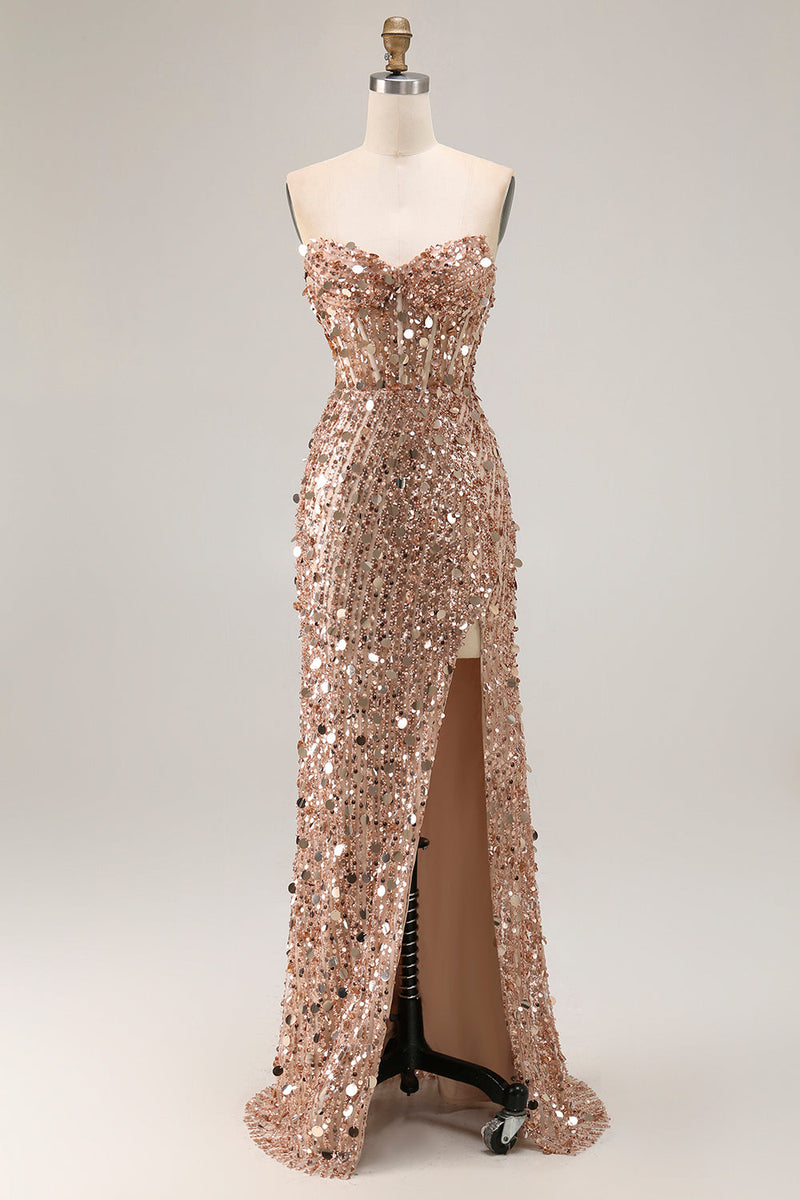 Load image into Gallery viewer, Sparkly Champagne Beaded Sequins Long Prom Corset Dress with Slit