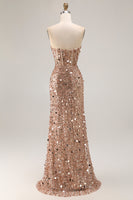 Load image into Gallery viewer, Sparkly Champagne Beaded Sequins Long Prom Corset Dress with Slit