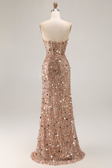 Sparkly Champagne Beaded Sequins Long Prom Corset Dress with Slit