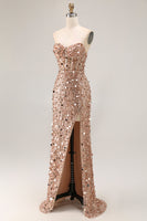 Load image into Gallery viewer, Sparkly Champagne Beaded Sequins Long Prom Corset Dress with Slit