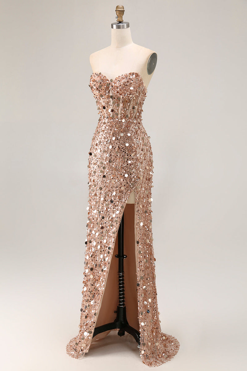 Load image into Gallery viewer, Sparkly Champagne Beaded Sequins Long Prom Corset Dress with Slit