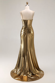 Sparkly Golden Mermaid Metallic Long Corset Prom Dress with Slit