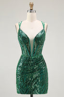 Load image into Gallery viewer, Sparkly Dark Green Tight Sequins Ruched Short Corset Homcoming Dress