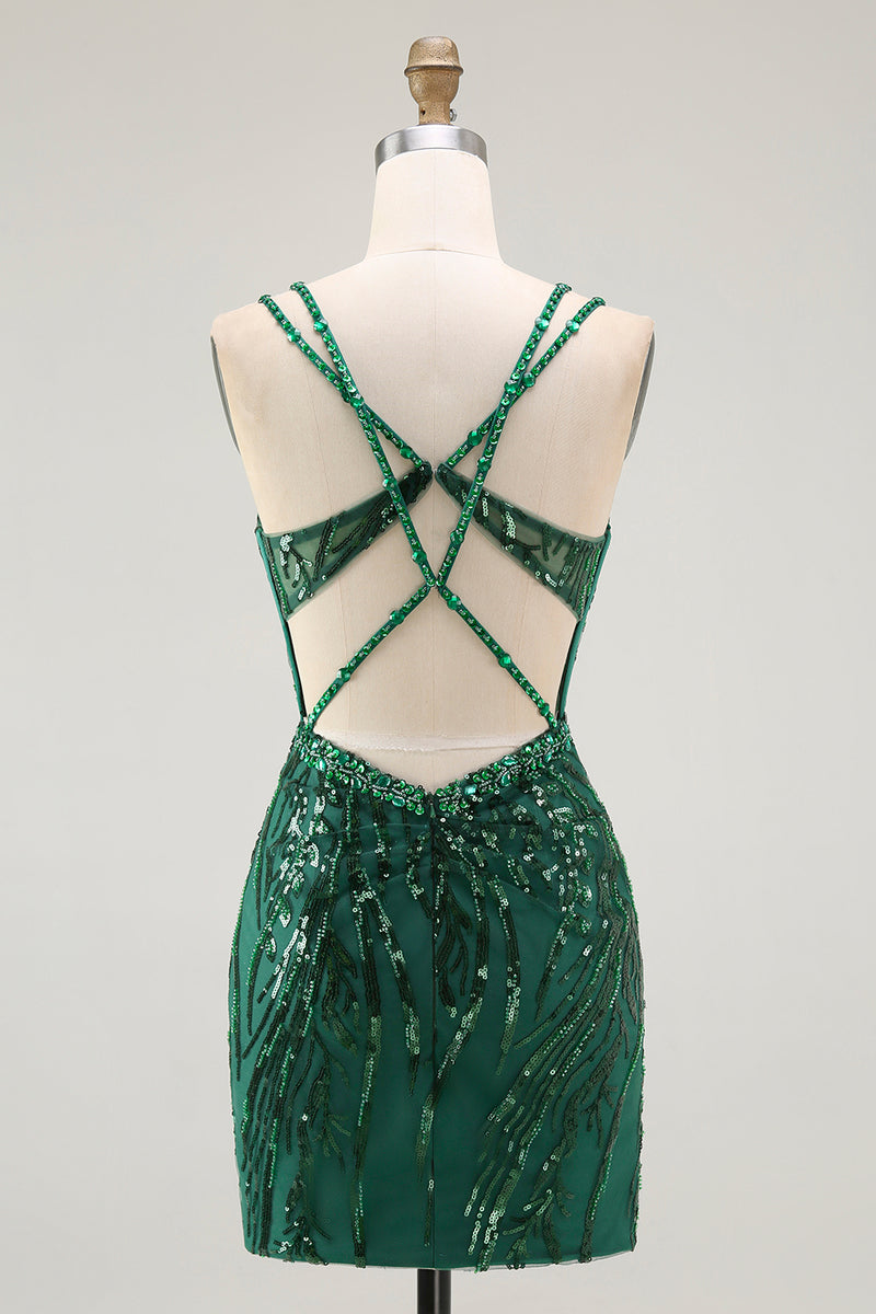 Load image into Gallery viewer, Sparkly Dark Green Tight Sequins Ruched Short Corset Homcoming Dress
