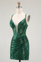 Load image into Gallery viewer, Sparkly Dark Green Tight Sequins Ruched Short Corset Homcoming Dress