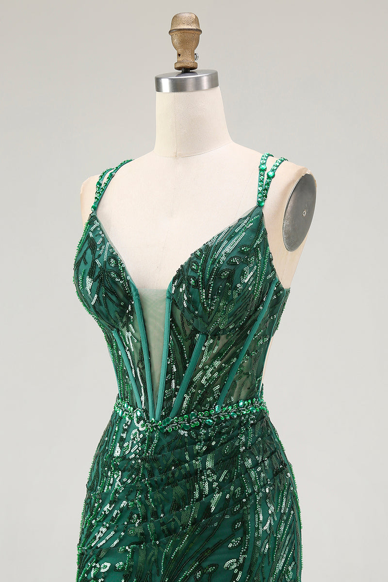 Load image into Gallery viewer, Sparkly Dark Green Tight Sequins Ruched Short Corset Homcoming Dress