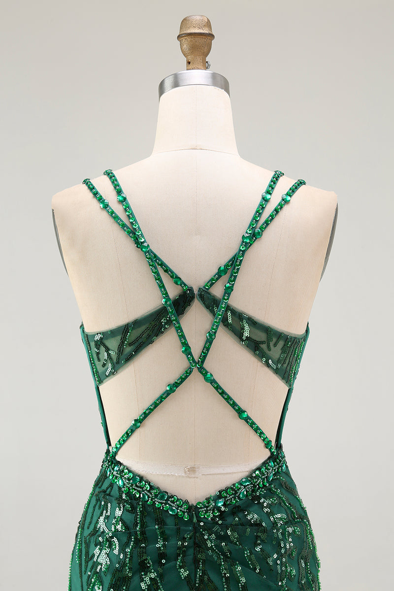 Load image into Gallery viewer, Sparkly Dark Green Tight Sequins Ruched Short Corset Homcoming Dress
