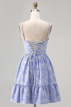 Sparkly Blue Jacquard A Line Pearls Short Homecoming Dress with Ruffles
