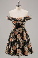 Load image into Gallery viewer, Sparkly Floral Black Off the Shoulder A Line Short Homecoming Dress