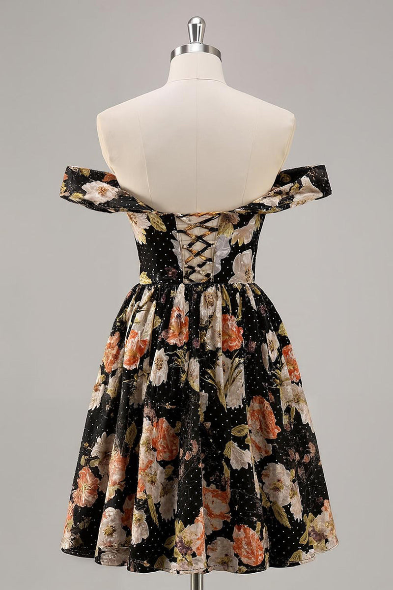 Load image into Gallery viewer, Sparkly Floral Black Off the Shoulder A Line Short Homecoming Dress
