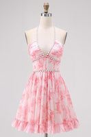 Load image into Gallery viewer, Sparkly Floral Pink A Line Halter Pearls Short Corset Homecoming Dress