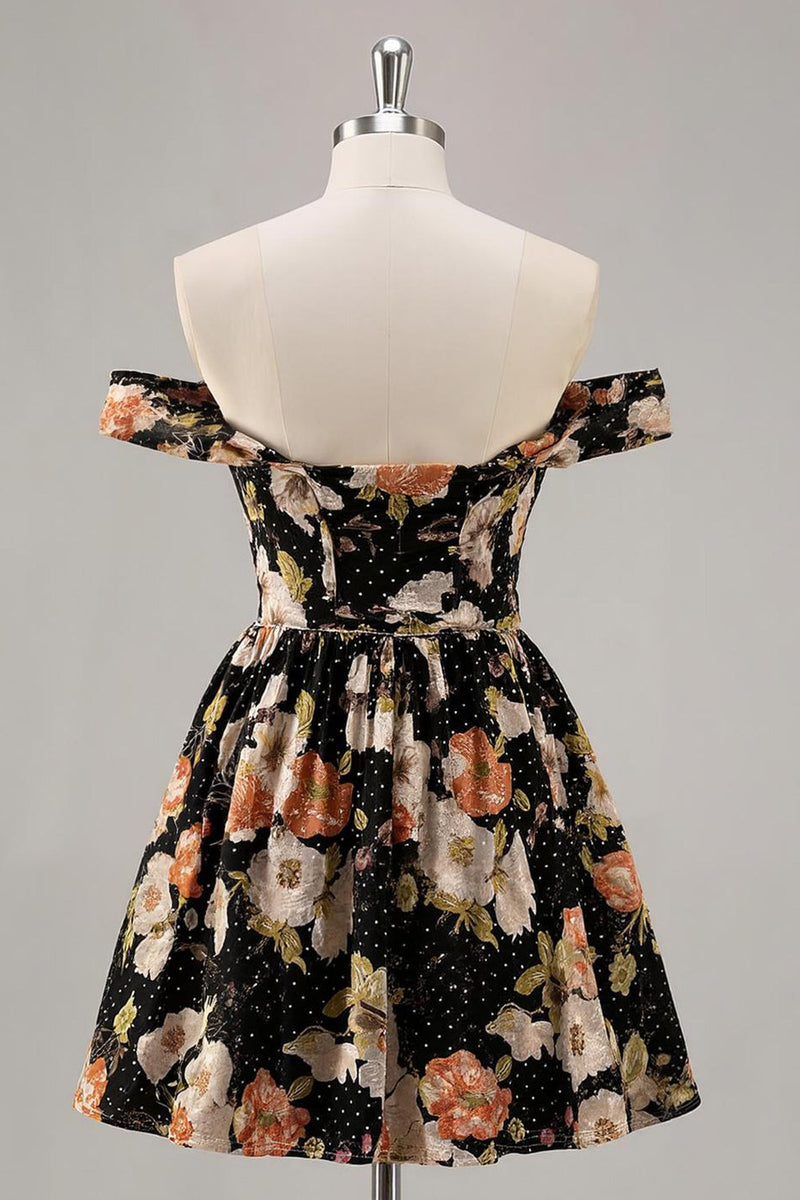 Load image into Gallery viewer, Sparkly Floral Black A Line Off The Shoulder Short Homecoming Dress