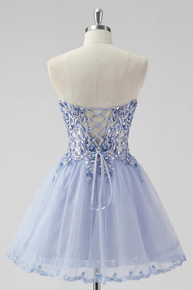 Load image into Gallery viewer, Sparkly Lavender A Line Tulle Strapless Short Corset Homecoming Dress