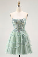 Load image into Gallery viewer, Sparkly Dusty Sage A Line Tiered Strapless Short Homecoming Dress