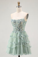 Load image into Gallery viewer, Sparkly Dusty Sage A Line Tiered Strapless Short Homecoming Dress