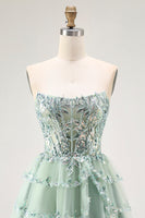 Load image into Gallery viewer, Sparkly Dusty Sage A Line Tiered Strapless Short Homecoming Dress