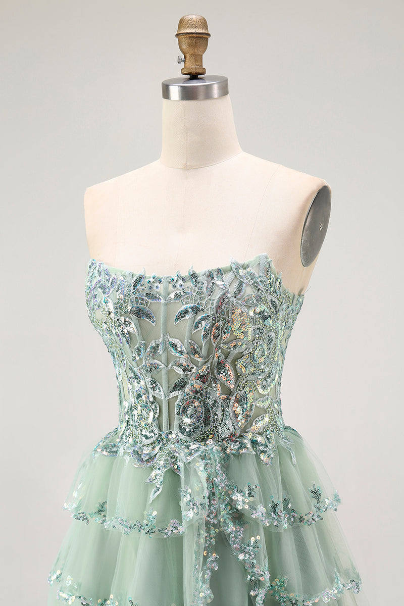 Load image into Gallery viewer, Sparkly Dusty Sage A Line Tiered Strapless Short Homecoming Dress