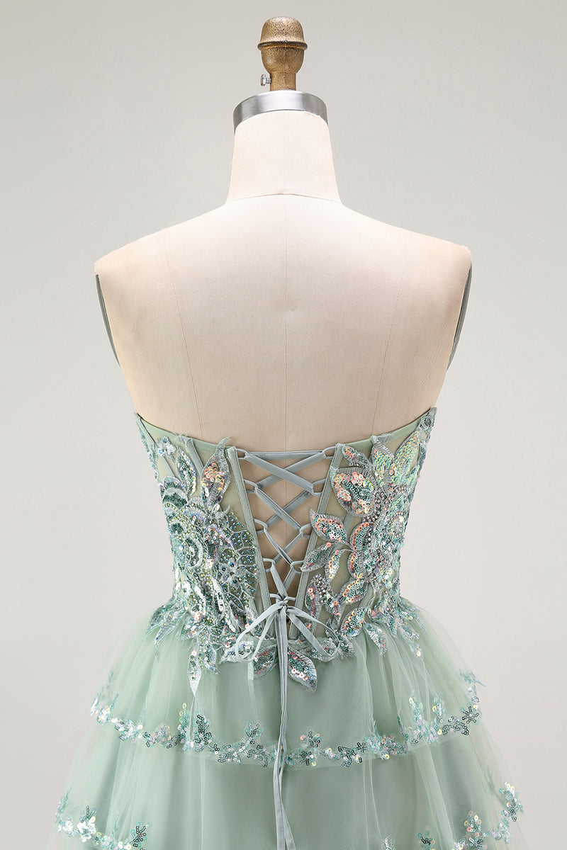 Load image into Gallery viewer, Sparkly Dusty Sage A Line Tiered Strapless Short Homecoming Dress