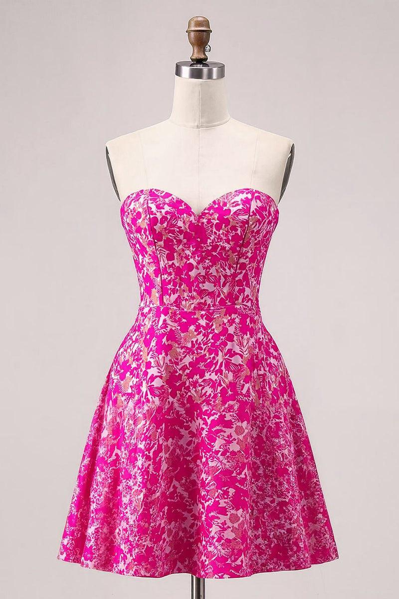 Load image into Gallery viewer, Floral Fuchsia A Line Sweetheart Short Corset Homecoming Dress