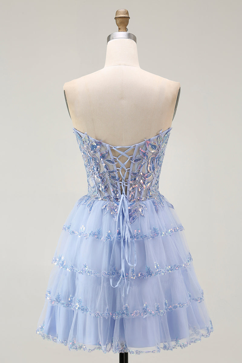 Load image into Gallery viewer, Sparkly Lavender A Line Tiered Strapless Short Corset Homecoming Dress