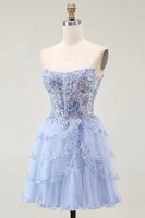 Load image into Gallery viewer, Sparkly Lavender A Line Tiered Strapless Short Corset Homecoming Dress