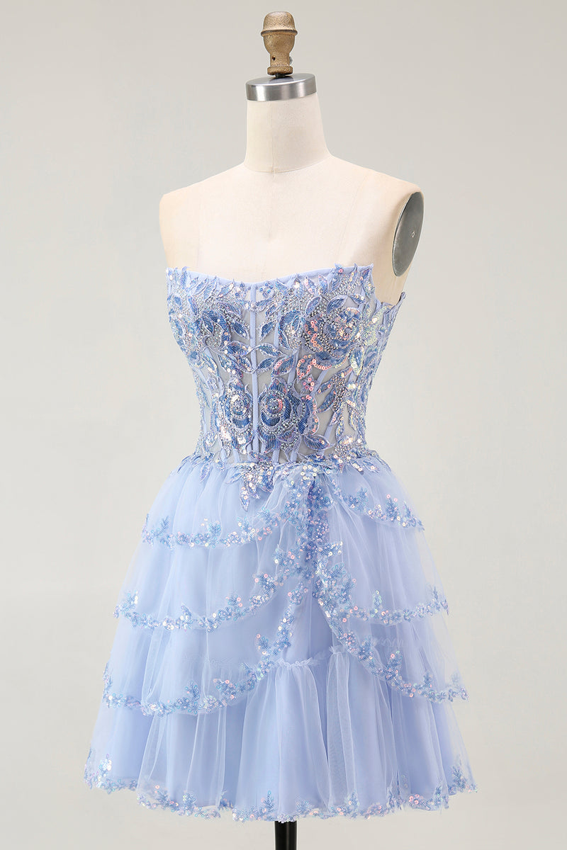 Load image into Gallery viewer, Sparkly Lavender A Line Tiered Strapless Short Corset Homecoming Dress