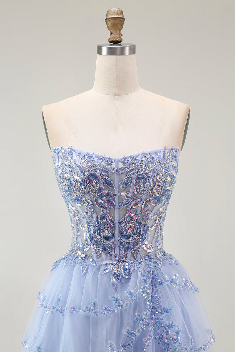 Load image into Gallery viewer, Sparkly Lavender A Line Tiered Strapless Short Corset Homecoming Dress