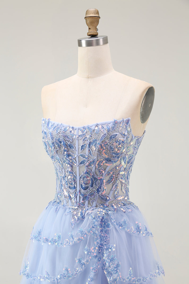 Load image into Gallery viewer, Sparkly Lavender A Line Tiered Strapless Short Corset Homecoming Dress