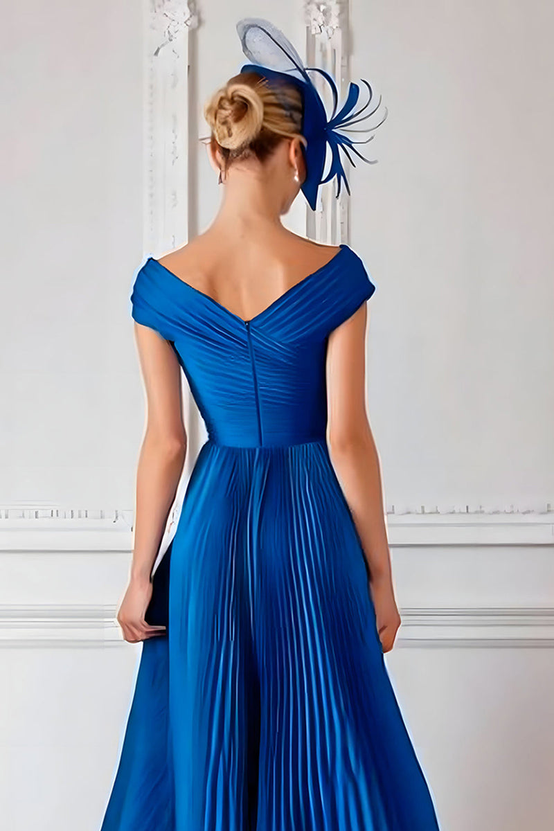 Load image into Gallery viewer, Royal Blue A Line Satin Off the Shoulder Long Mother of the Bride Dress