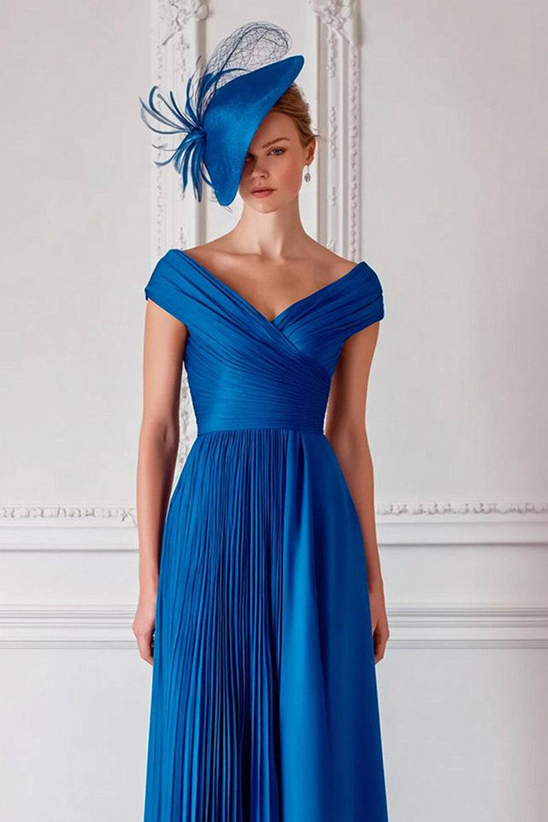 Load image into Gallery viewer, Royal Blue A Line Satin Off the Shoulder Long Mother of the Bride Dress