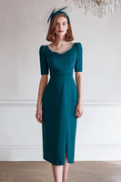 Load image into Gallery viewer, Sparkly Peacock Blue Pencil Round Neck Midi Mother of the Bride Dress with Slit