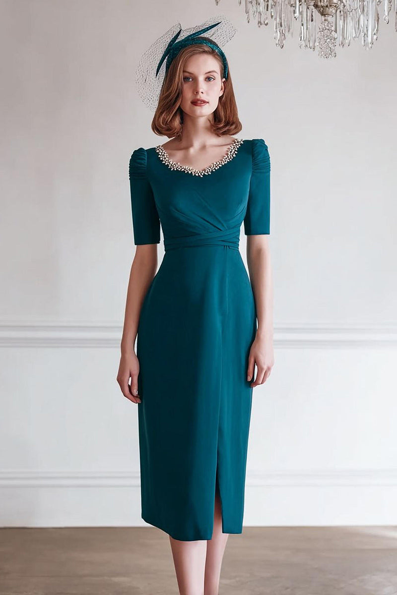 Load image into Gallery viewer, Sparkly Peacock Blue Pencil Round Neck Midi Mother of the Bride Dress with Slit
