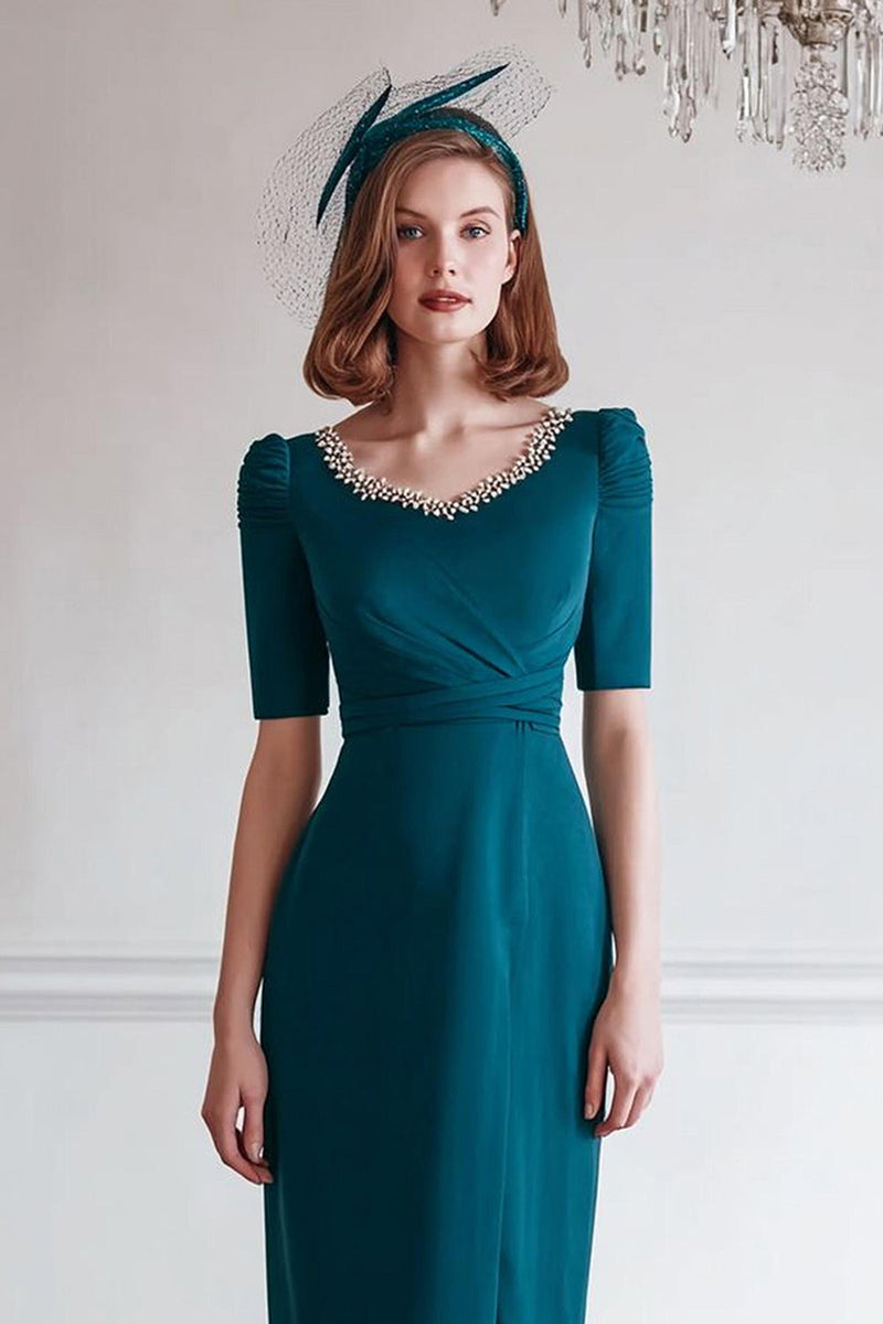 Load image into Gallery viewer, Sparkly Peacock Blue Pencil Round Neck Midi Mother of the Bride Dress with Slit