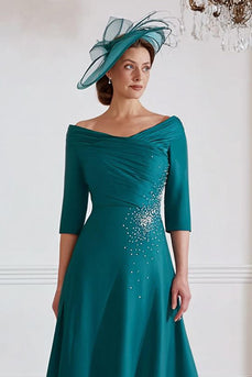 Sparkly Peacock Green Satin A Line Midi Mother of the Bride Dress with Beading