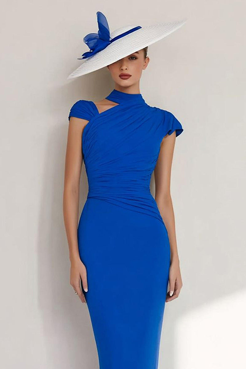Load image into Gallery viewer, Royal Blue Chiffon Sheath High Neck Long Mother of the Bride Dress