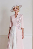 Load image into Gallery viewer, Floral Candy Pink A Line Appliqued Midi Mother of the Bride Dress with Sleeves