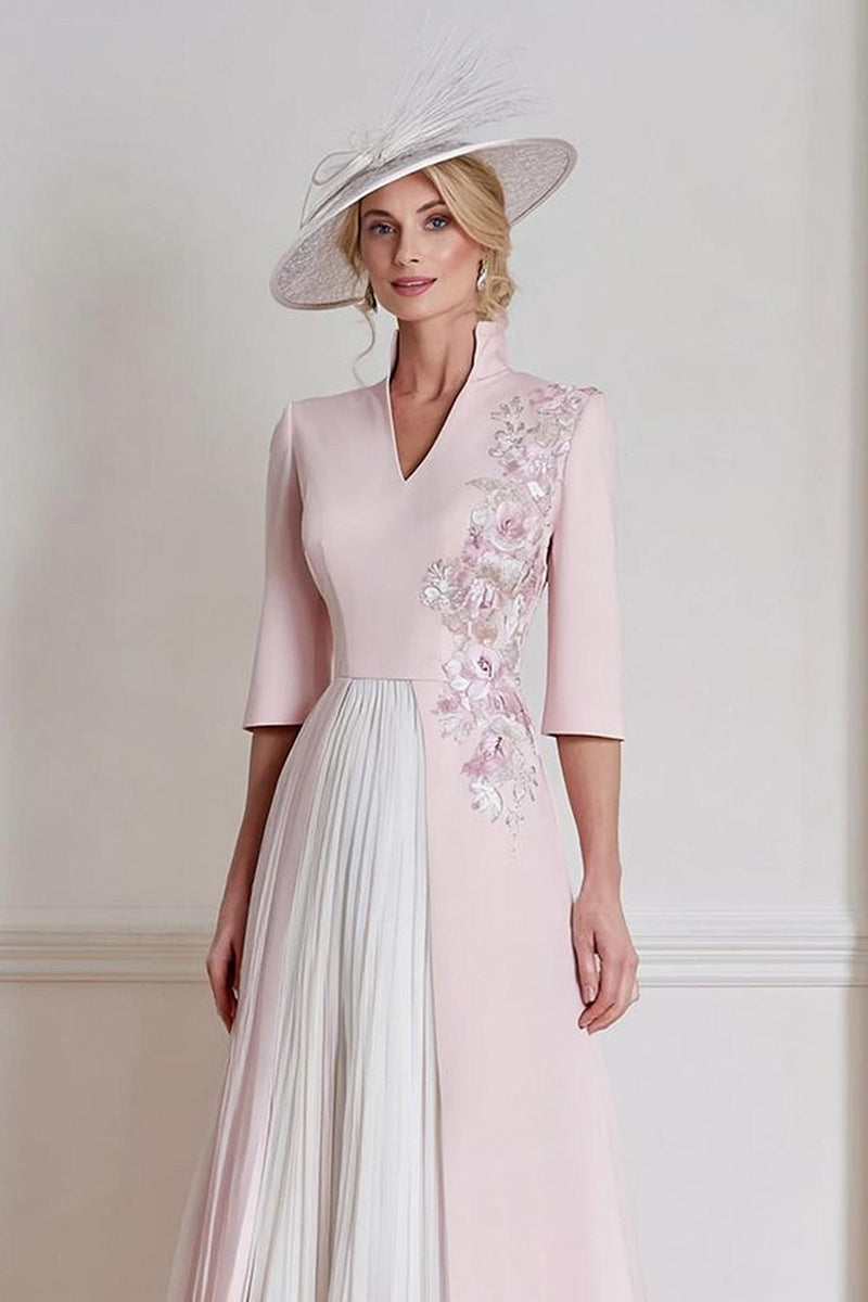 Load image into Gallery viewer, Floral Candy Pink A Line Appliqued Midi Mother of the Bride Dress with Sleeves