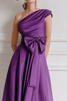 Load image into Gallery viewer, Grape A Line One Shoulder Ruched Midi Mother of the Bride Dress with Bow