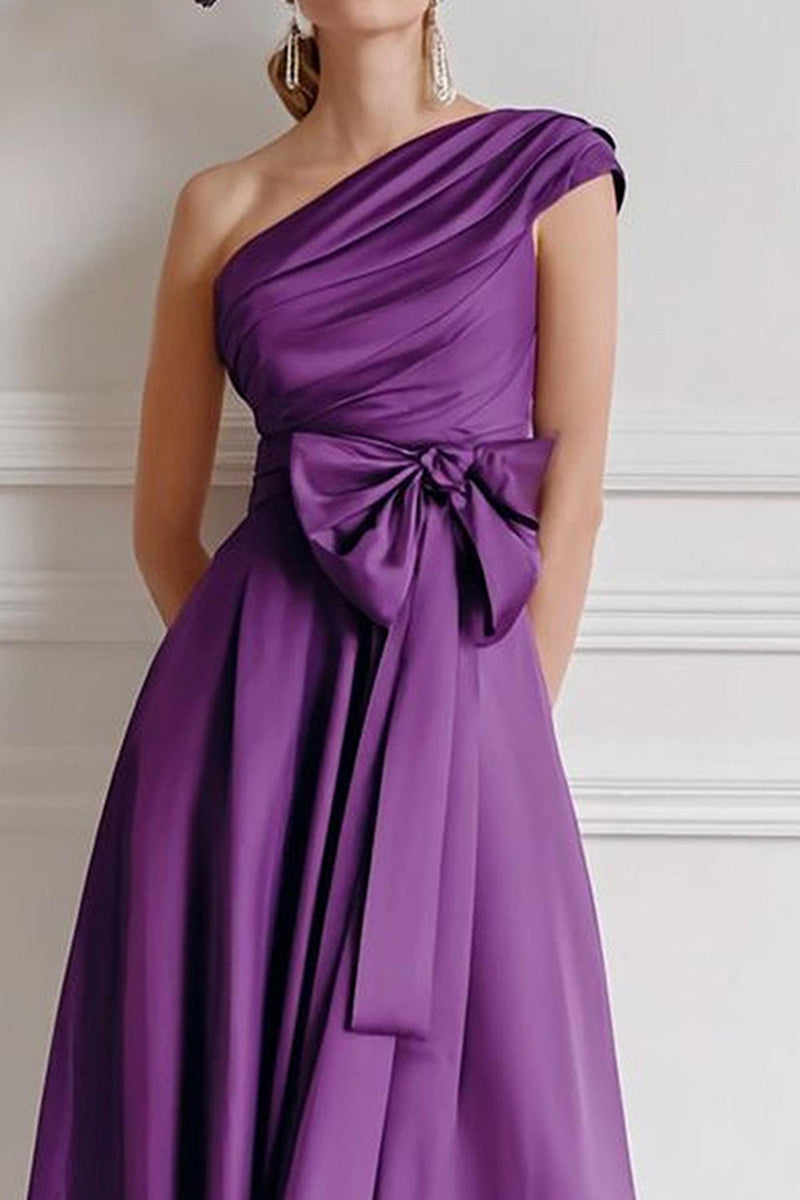 Load image into Gallery viewer, Grape A Line One Shoulder Ruched Midi Mother of the Bride Dress with Bow