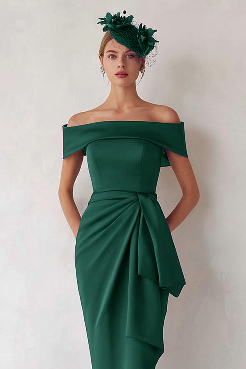 Load image into Gallery viewer, Dark Green Satin Ruched Off the Shoulder Midi Mother of the Bride Dress