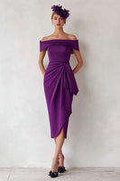 Load image into Gallery viewer, Dark Green Satin Ruched Off the Shoulder Midi Mother of the Bride Dress