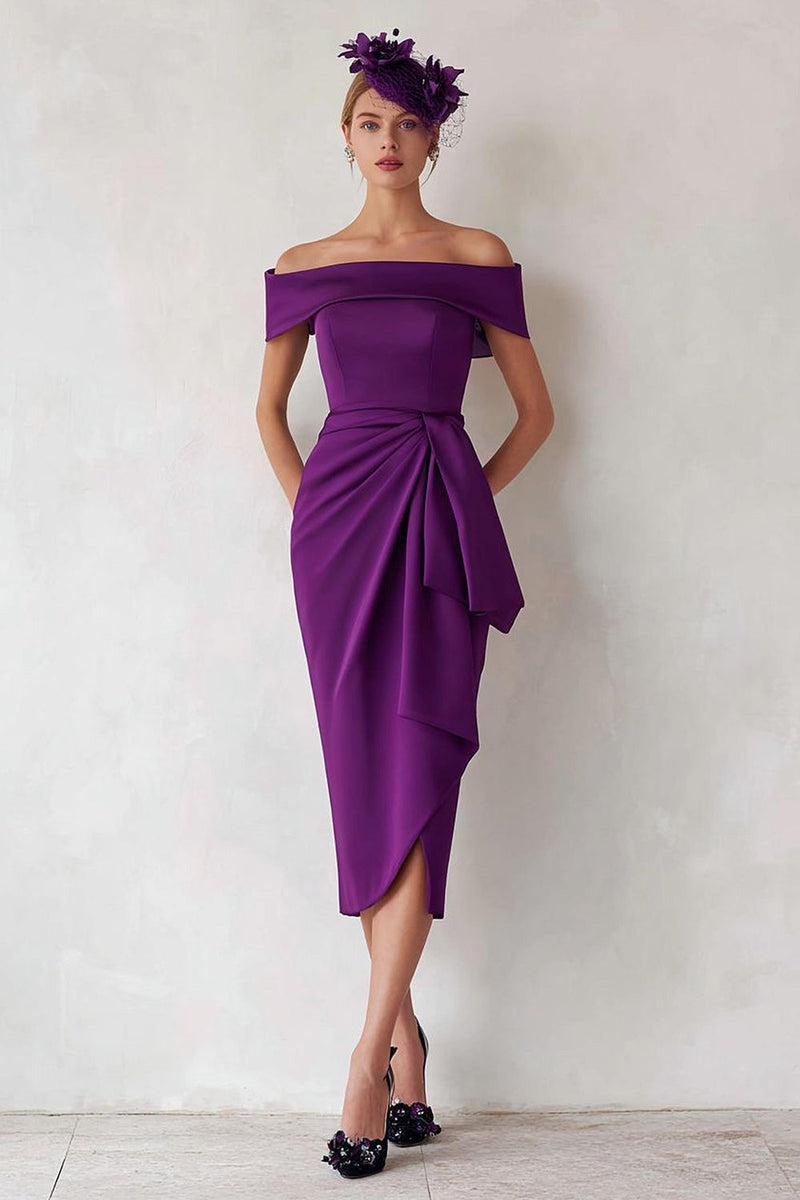 Load image into Gallery viewer, Dark Green Satin Ruched Off the Shoulder Midi Mother of the Bride Dress