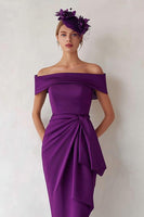 Load image into Gallery viewer, Dark Green Satin Ruched Off the Shoulder Midi Mother of the Bride Dress