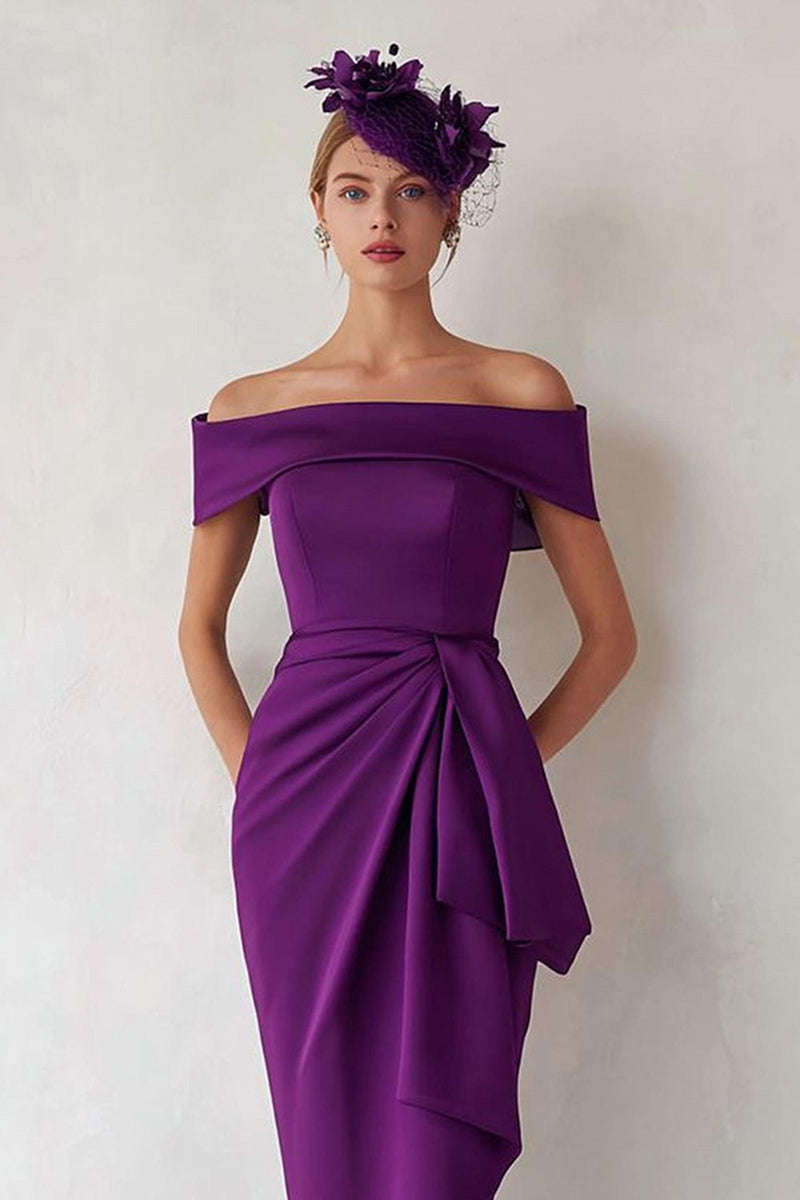 Load image into Gallery viewer, Dark Green Satin Ruched Off the Shoulder Midi Mother of the Bride Dress